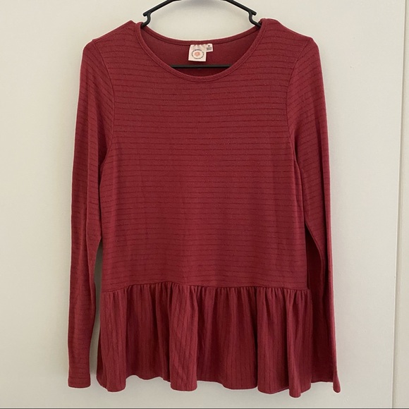 Rust brick peplum hem long sleeve babydoll top - Picture 3 of 5